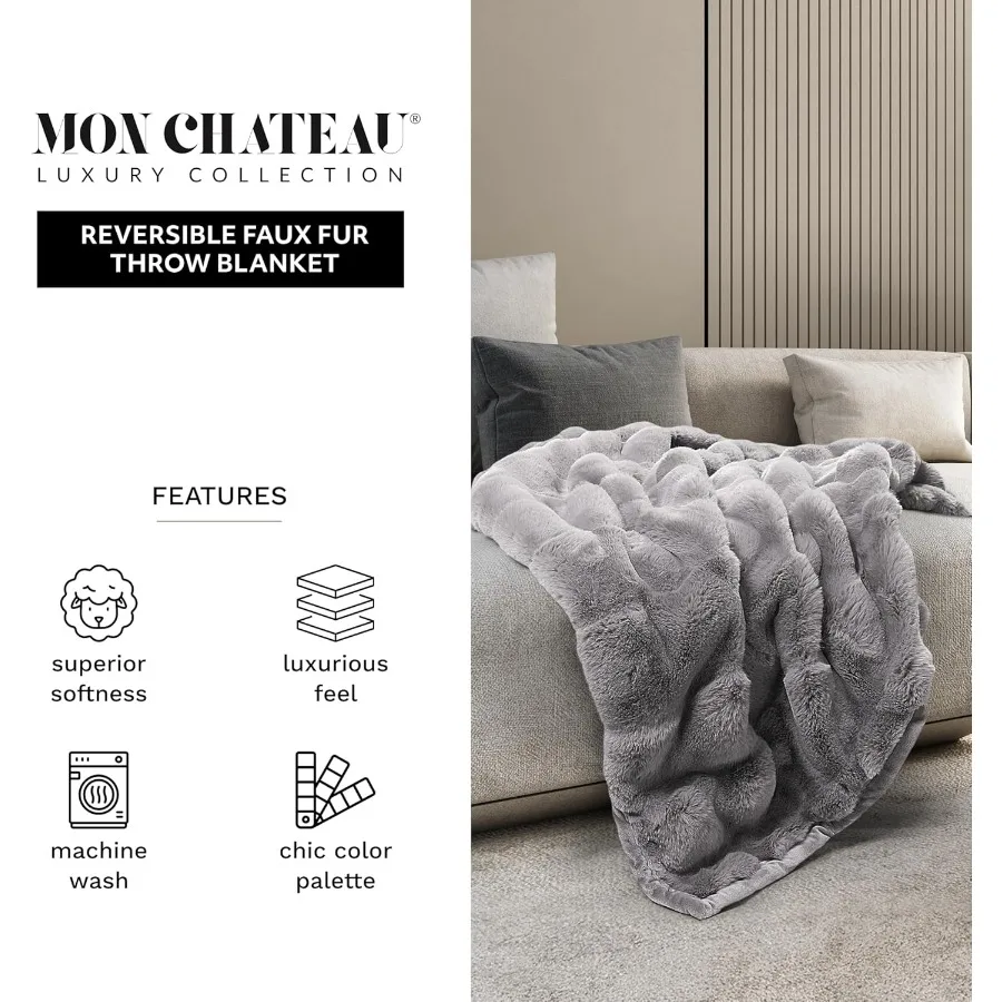60 x 70 Reversible Faux Fur Throw Blanket for QueenSize Bed Couch or Sofa Ultra Soft Cozy Home Decor with Stylish Living Room C