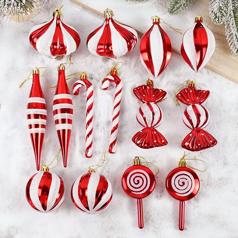 14pcs/box Christmas Ball Ornaments Red Candy Cane Xmas Tree