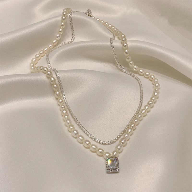 

Natural Freshwater Pearl Gypsophila Multilayer Necklace Luxury Square Pendant with Zircon Double Layer Pearl Necklace for Women