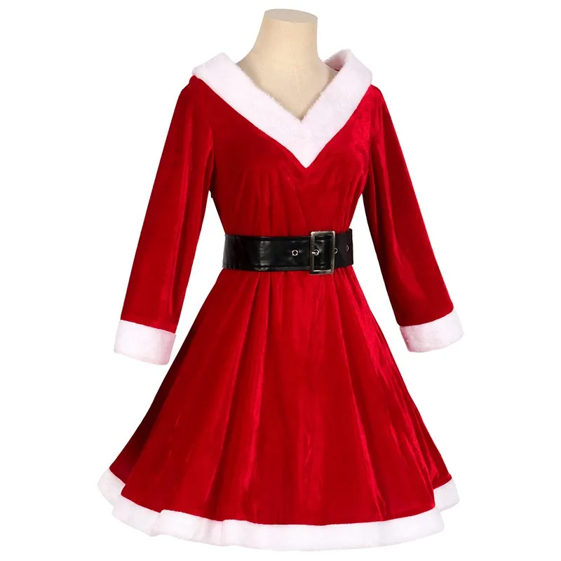 

Christmas Party Women Red Dress Hooded Santa Claus Costume Red Velvet XMAS Holiday Christmas Cosplay Female Cute Fancy Dress