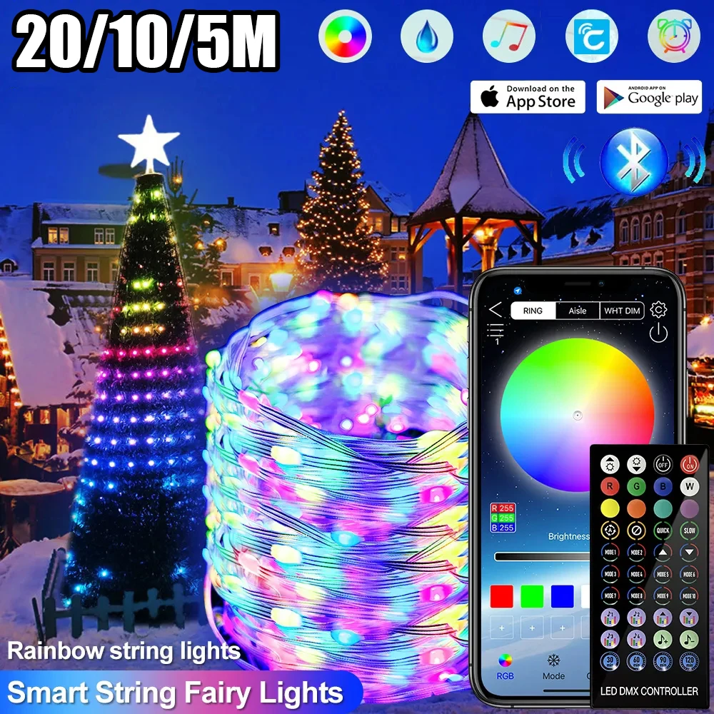 

СВЕТОДИОДНАЯ Гирлянда RGB с умным Управлением по Bluetooth, уличная Светодиодная лампа с дистанционным управлением через приложение, Сказочная лампа, украшение для рождественской елки