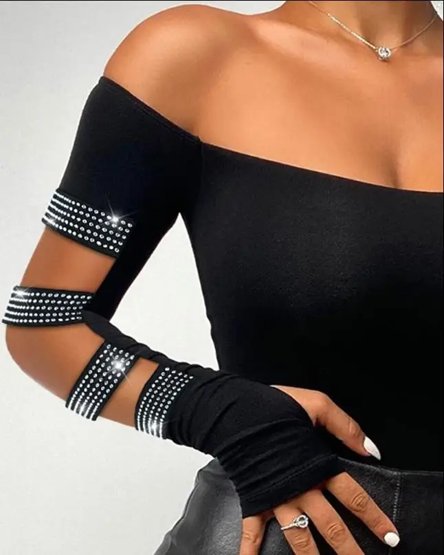 Fashion Woman Blouses 2022 Rhinestone Sexy Cold Shoulder Skinny Top Elegant Long Sleeve T-Shirt Chic All-Match Daily573_voghion.com