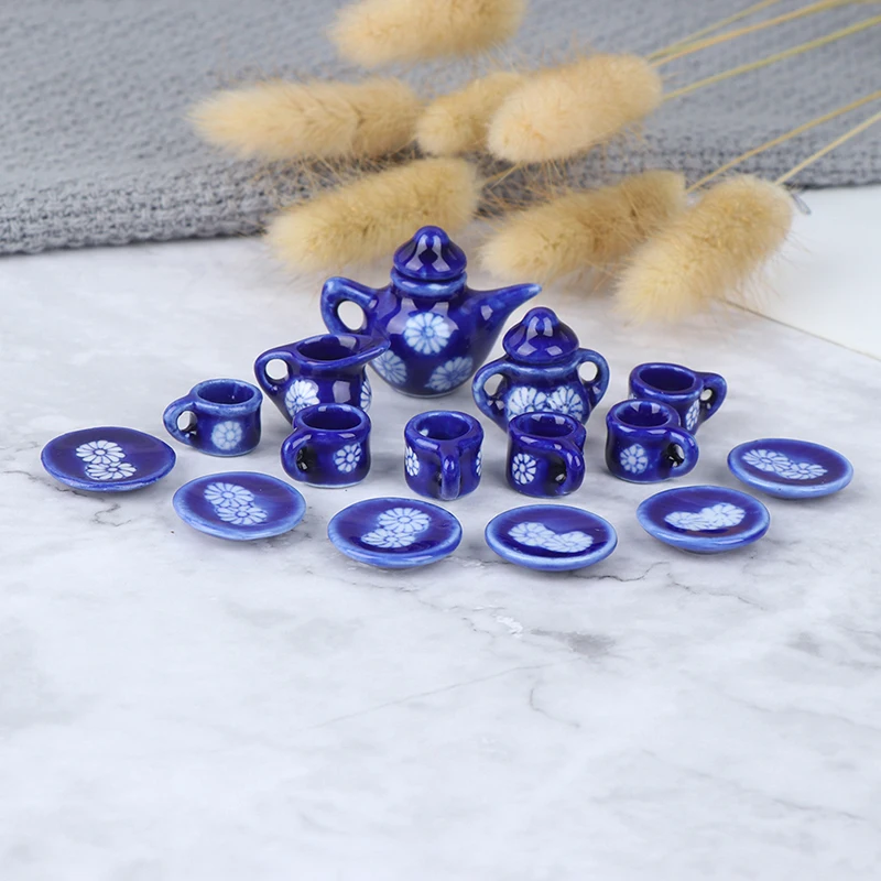 15Pcs/Set 1/12 Miniature Tea Cup Sets Dollhouse Tableware Porcelain Mini Teapot Coffee Plate Play Kitchen Dining Ware Toy
