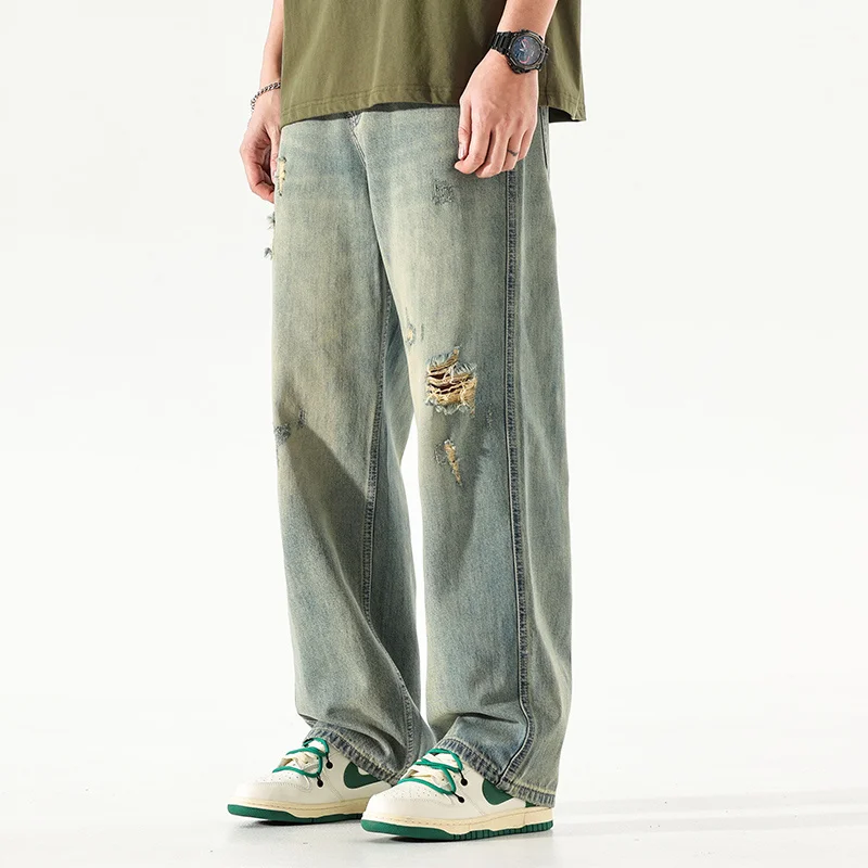 

New Washed Ripped Jeans For Men Summer High Street Baggy Straight Denim Pants Korean Fashion Casual Vintage y2k jean hombre