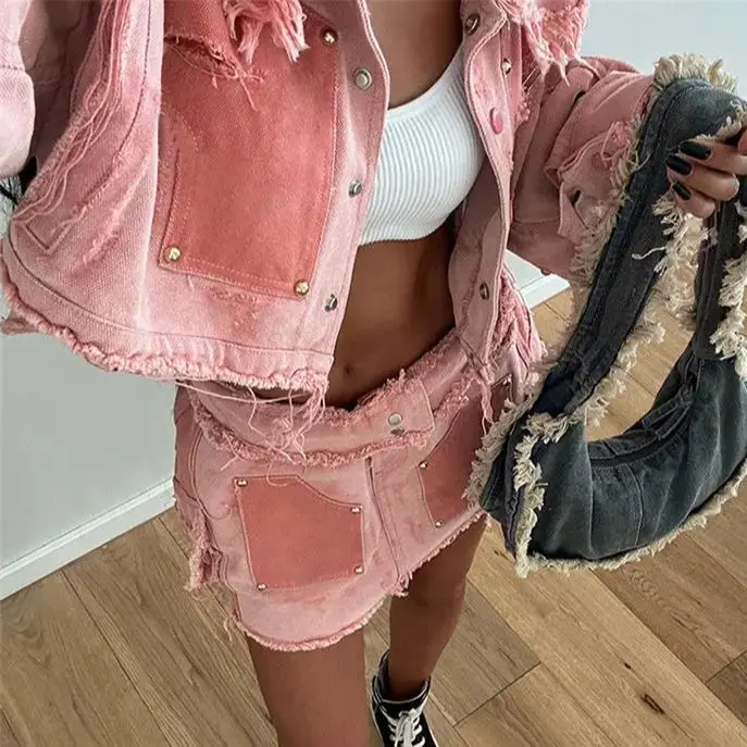 Denim Suit Contrast Color Raw Edge American Street Hot Girl Cool Hipster Single-Breasted Jacket+Peach Hip Skirts Pocket Matching