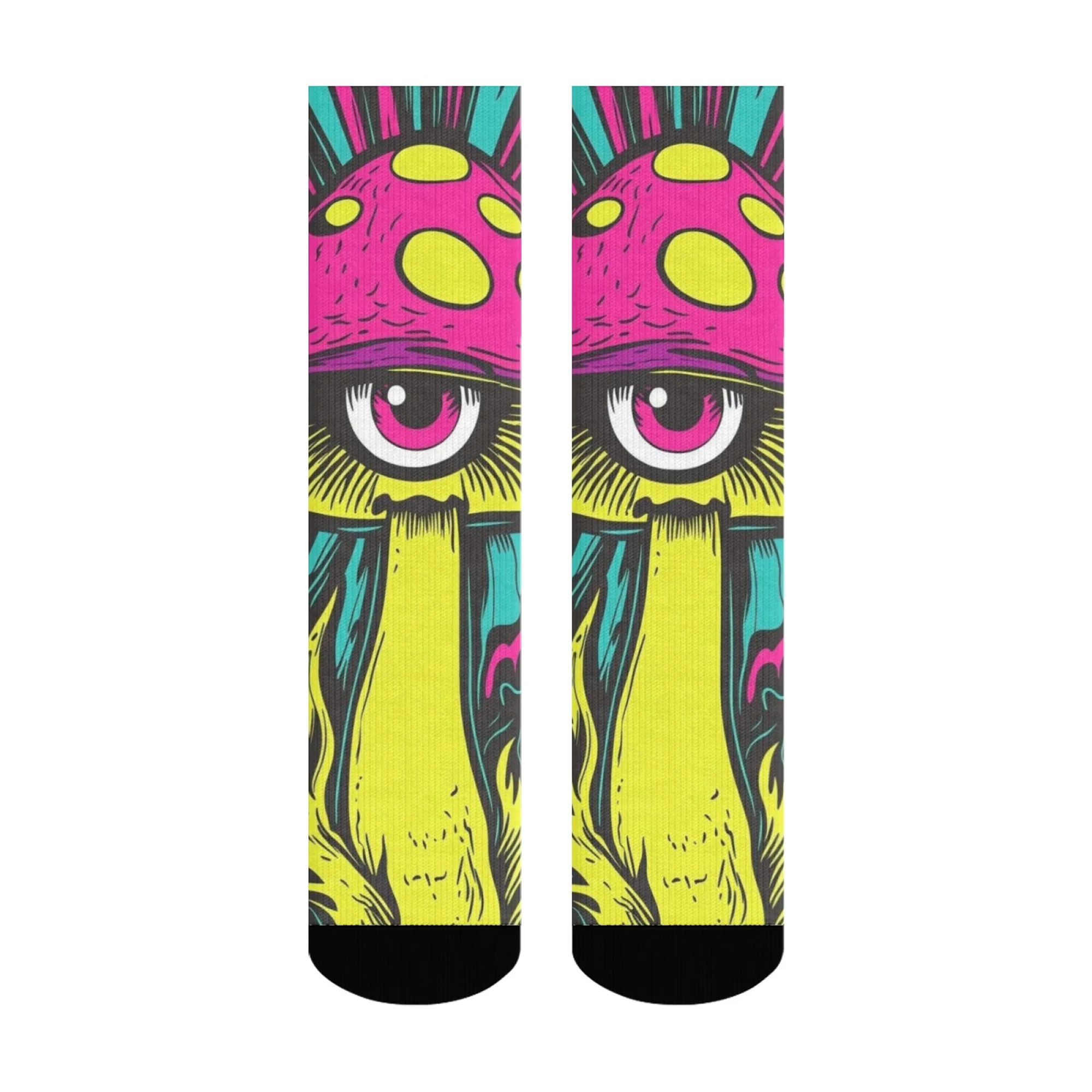 Cartoon-Graffiti-Einäugiger Pilzsocken, bunte, skurrile Pilze mit großen Schutzbrille, Neongelb, für verspielte, lässige Mode – Detail 10