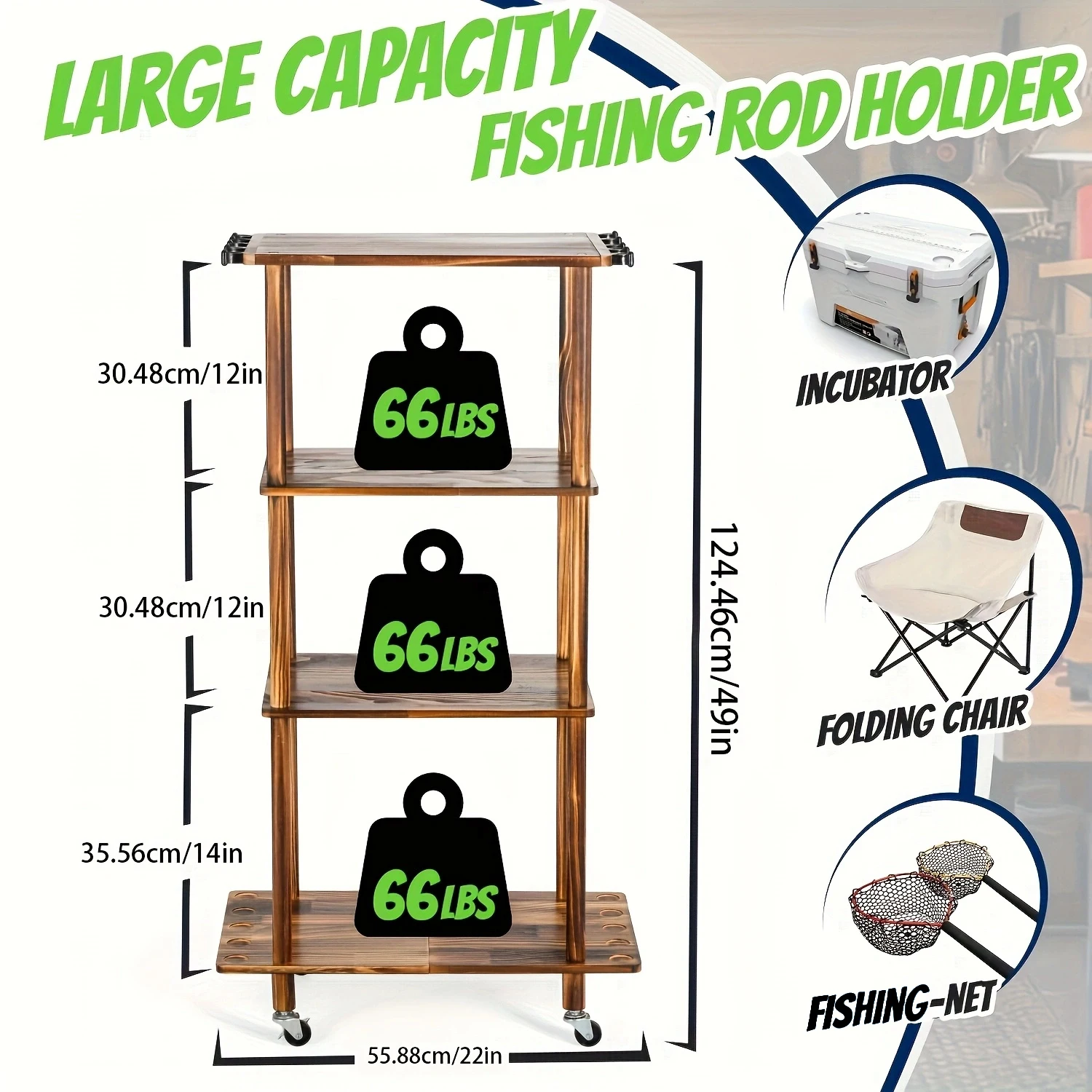 Porta Canne Da Pesca Su Ruote – Organizer Con Rack Per Fino A 10 Canne E Accessori, Carrello Per Garage O Casa