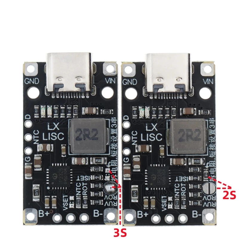 Module Boost Chargeur Batterie Lithium 2S 3S USB-C BMS 15W en fonctionnement, LED indiquant la charge en cours