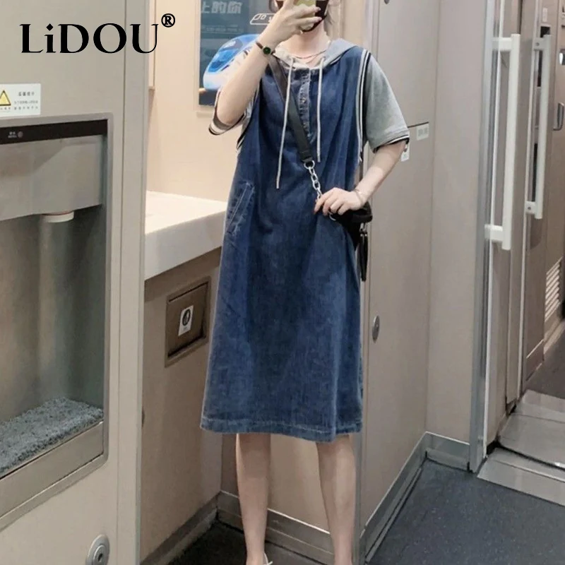 

2023 Summer New Fashion Cowboy Patchwork Loose Elegant Midi Dress Women Hooded Short Sleeve Drawstring Button Casual Dresses