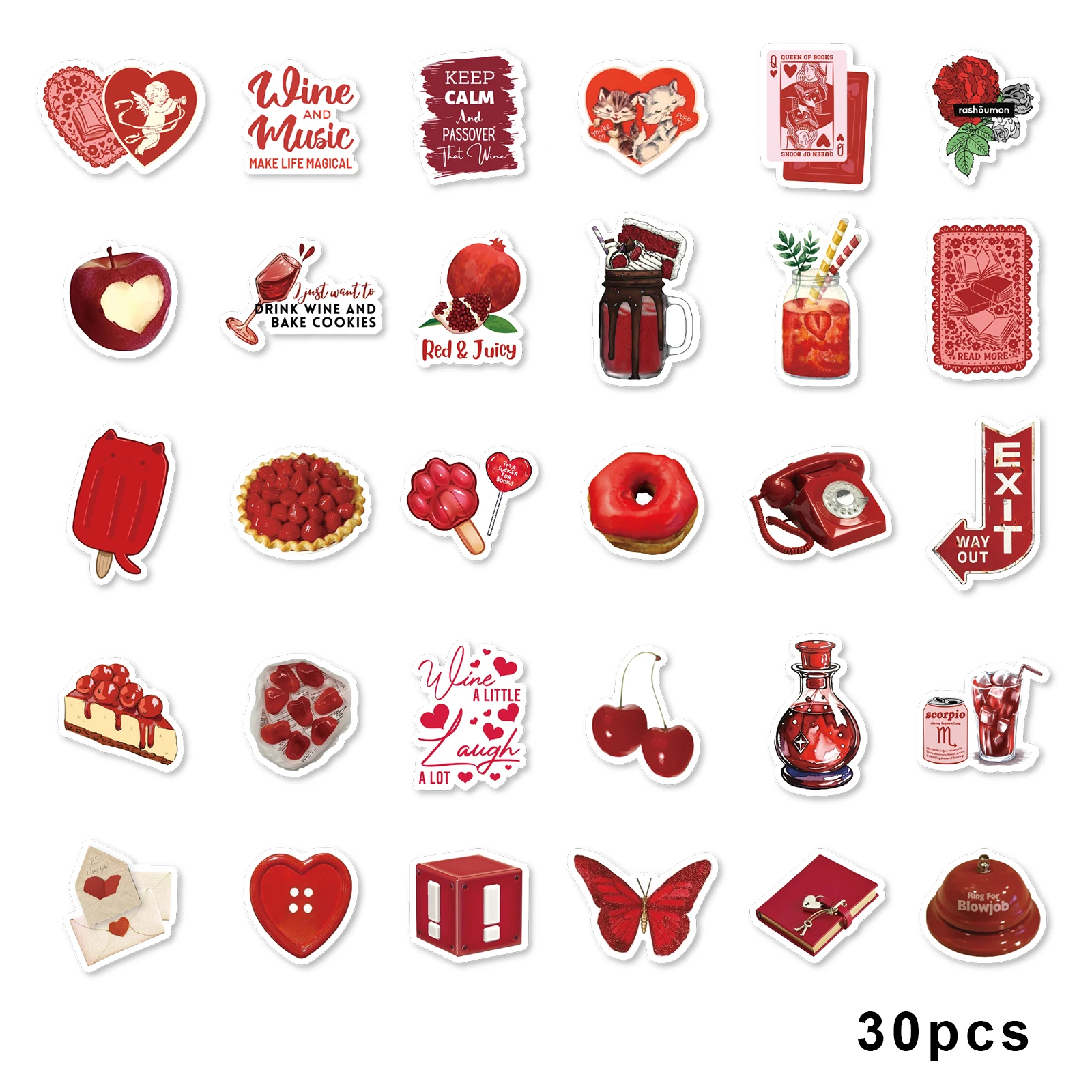 30pcs Rose, Cherry Red Graffiti Stickers Decorated Notebook Water Cup Suitcase Guitar Classic Toy Scrapbook Waterproof PVC Decal 6