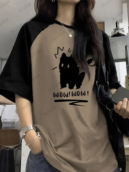 Funny Cat Printed Summer T-Shirt For Women Patchwork Short Sleeve Harajuku Tees Sports Football Jersey Y2K Loose Oversized Tops 1