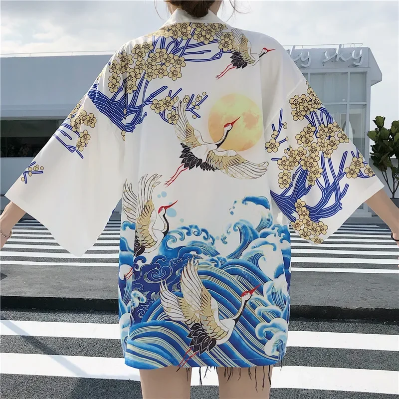 여성 캐주얼 코스프레 블라우스 상의, 블랙 화이트 크레인 프린트, 하라주쿠 가디건, 일본 기모노, 아시아 여름, 2023 신상 Best5 여성 캐주얼 코스프레 블라우스 상의, 블랙 화이트 크레인 프린트, 하라주쿠 가디건, 일본 기모노, 아시아 여름, 2023 신상 Best5