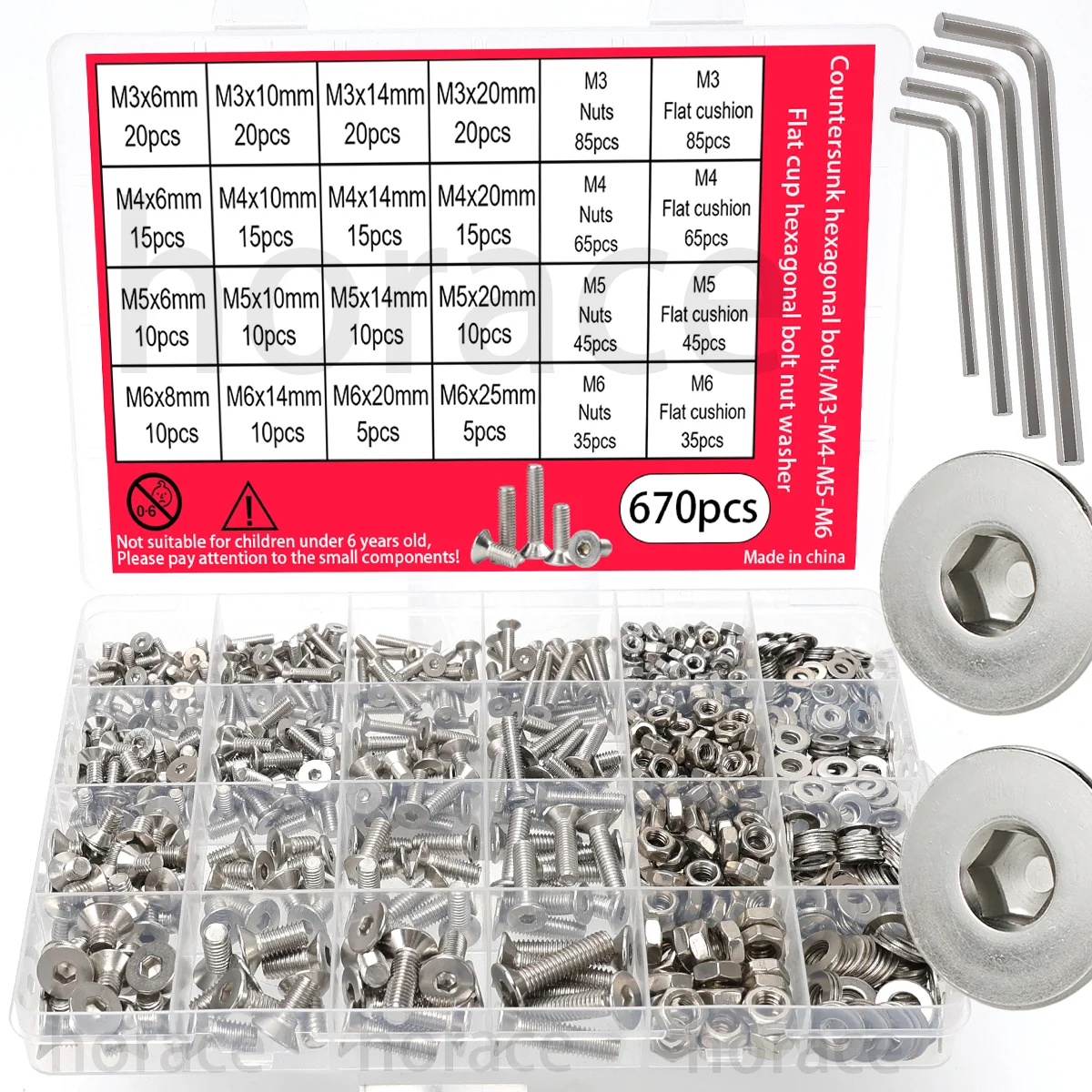 Stainless Steel Countersunk Hex Bolts/M3-M4-M5-M6 Flat Head Hex Bolt Nut and Washer Combination Set/Internal Screws 670pcs