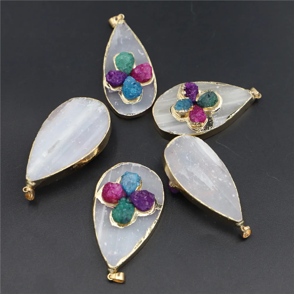 Natural Stone Rectangle Plaster Gypsum Ore Colorful Agate Pendants Making Plated Drop Gold Necklace Women Jewelry Wholesale 5PCS