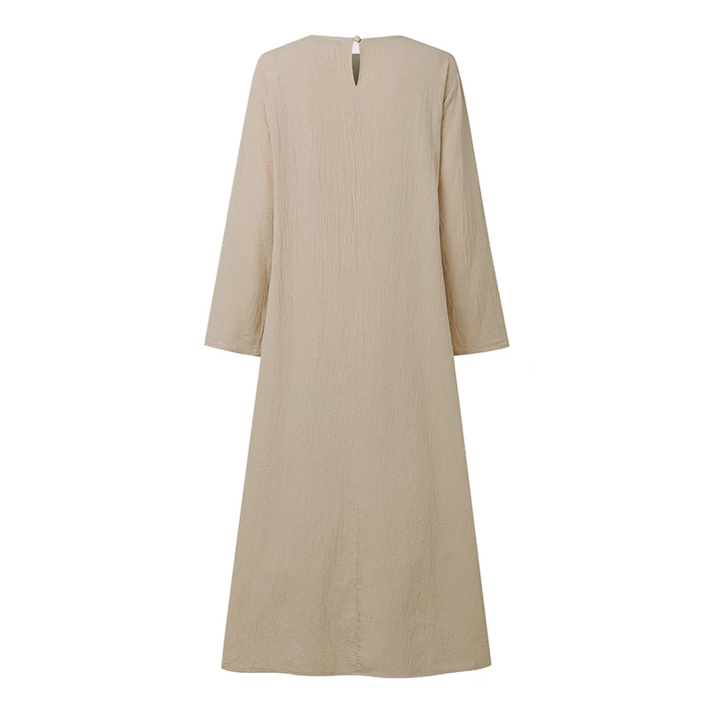 ZANZEA Spring Summer Loose Long Dress for Woman Cotton Linen O-Neck Long Sleeve Side Slit Solid Color Dresses Baggy Robes Femme 5