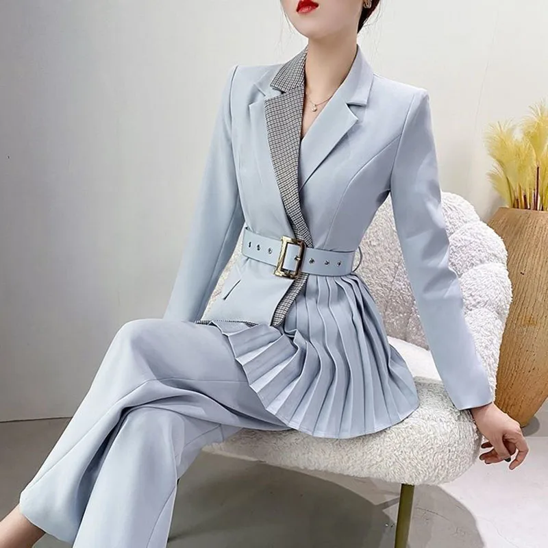 2025 Womens Pants Suit With Belt Ladies Evening Party Tuxedos Formal Work  Wear Wedding Occasion Spring Autumn Blue 2 Pieces - AliExpress