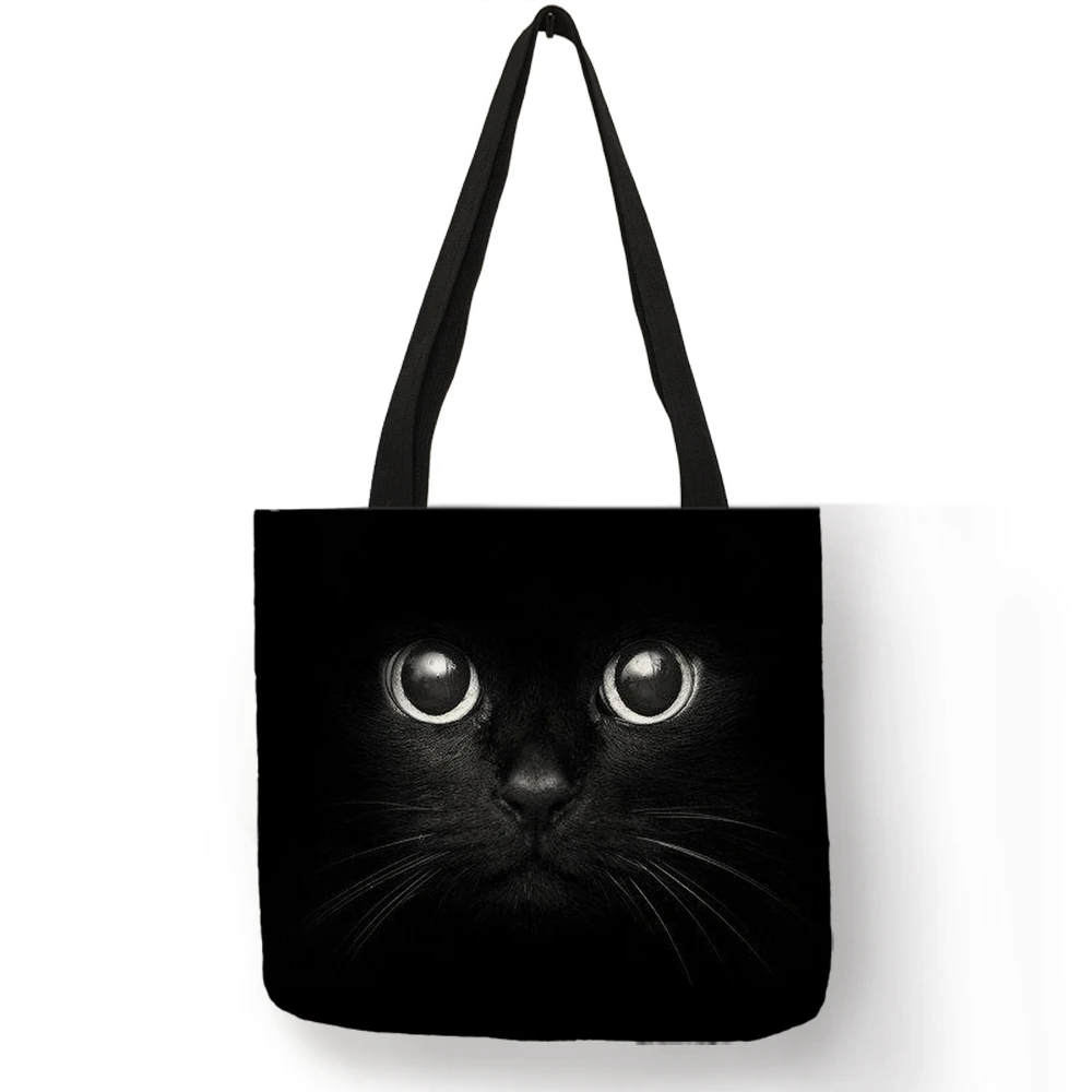 Fabric Foldable Shopping Bags For Groceries Cute Black Cat Print Tote Bag for Women Personality School Traveling Shoulder Bags 