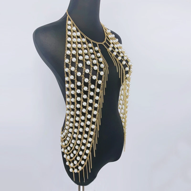 Damen-Crop-Top mit reinen Kettennähten und handgefertigten Perlen und Metallquasten, rückenfrei, sexy Punk-Bustier-Röhren-Tanktop für den Sommer – Detail 7