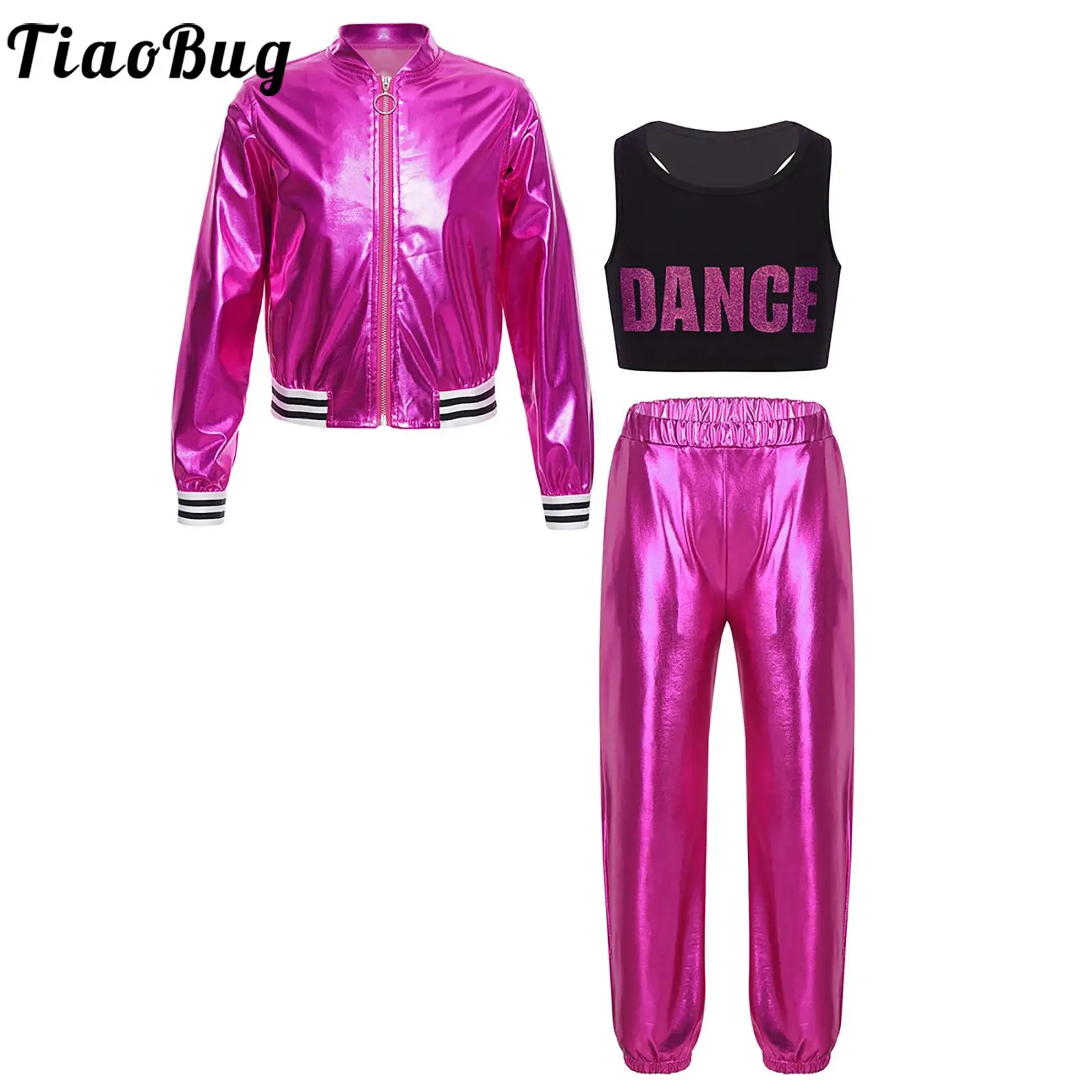 

Kids Girls Hip Hop Jazz Dance Costume Metallic Shiny Jacket with Crop Top Pants Ceerleading Street Stage Performance Dancewear