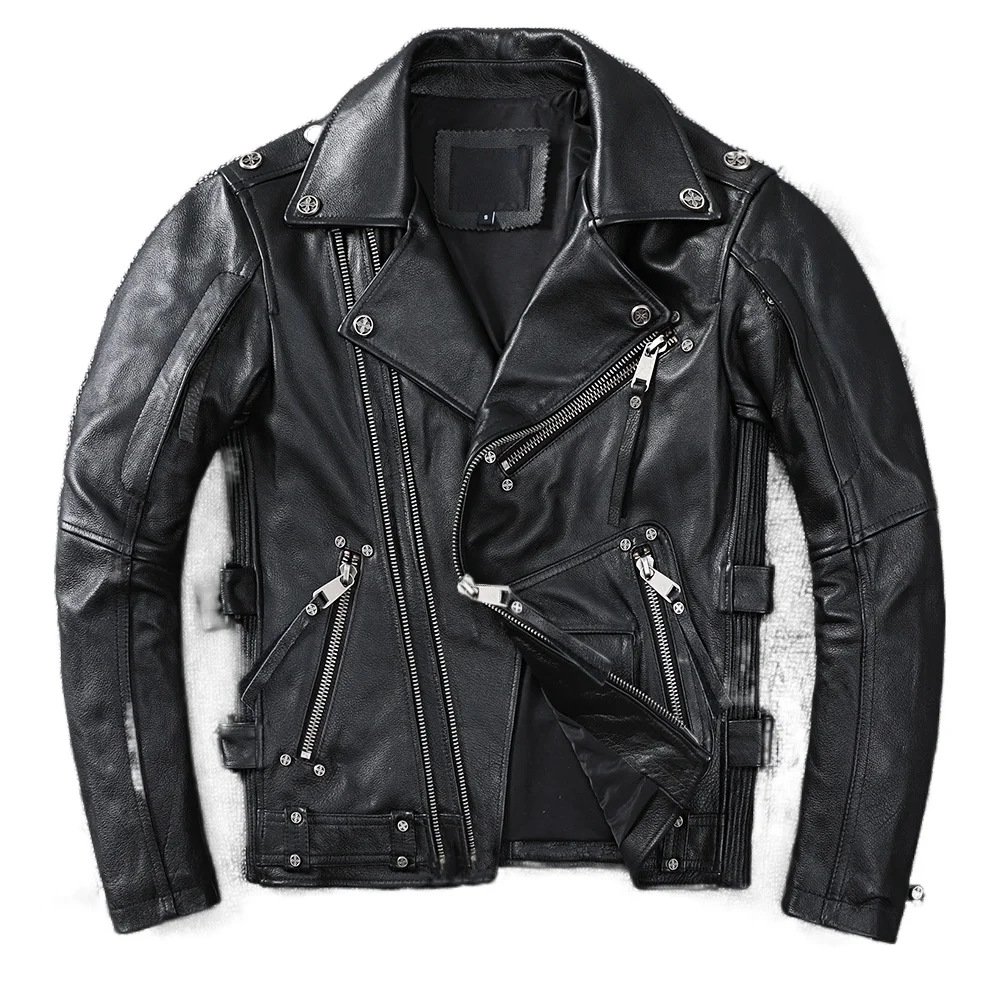 Men Leather Jacket Motorcycle Leather Jacket Natural Genuine Cowhide Slim Fit Vintage Mens Biker Racer Jackets Oblique Zipper