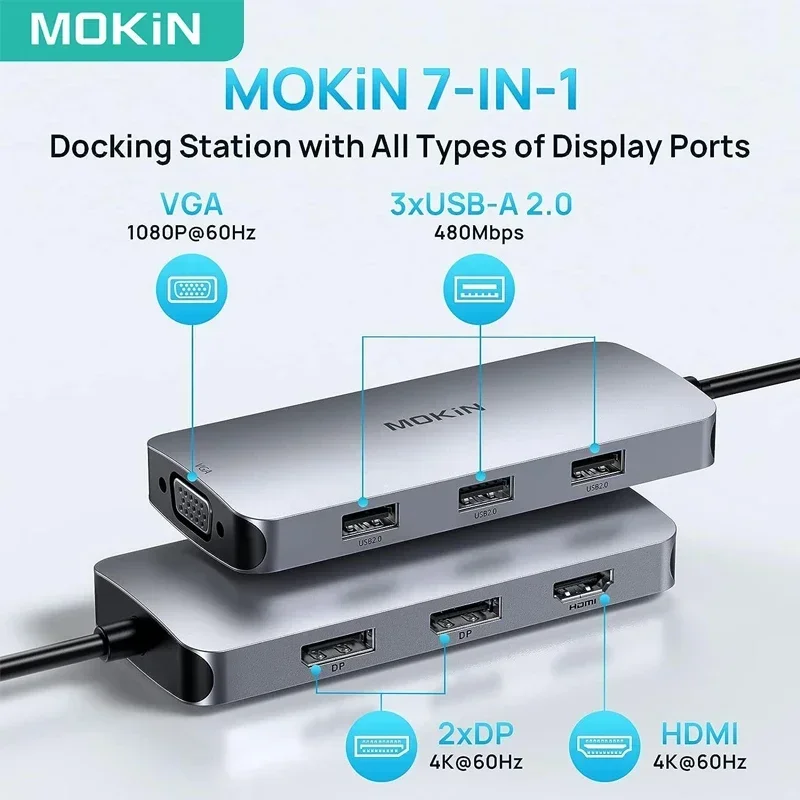 MOKiN 7 in 1 Docking Station USB C Hub Dual DisplayPort DP HDMI 4K60HZ VGA USB 2.0 Multiport Adapter for Laptop MacBook 2