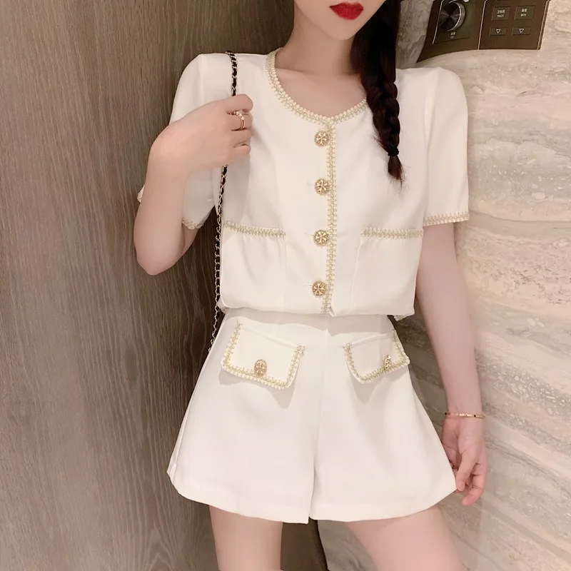 

2023 Summer New Design Women's O-neck Short Sleeve Coat + High Waist Shorts Twinset Suit Women Clothing 2 Pieces Set Shorts