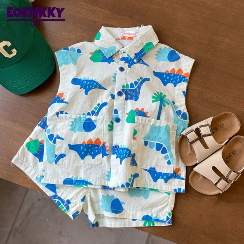 

Children's Clothing Suit Summer New Korean Boys Dinosaur Baby Boy Kid Sleeveless Shirt +shorts Casual Holiday Beach Cartoon Set