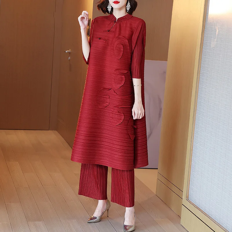 2024 Fashion Pleated 2 Pieces Set Women Stand Long Dresses High Waist Pants Solid Color Sets 2023 Autumn New Clothing Round Neck