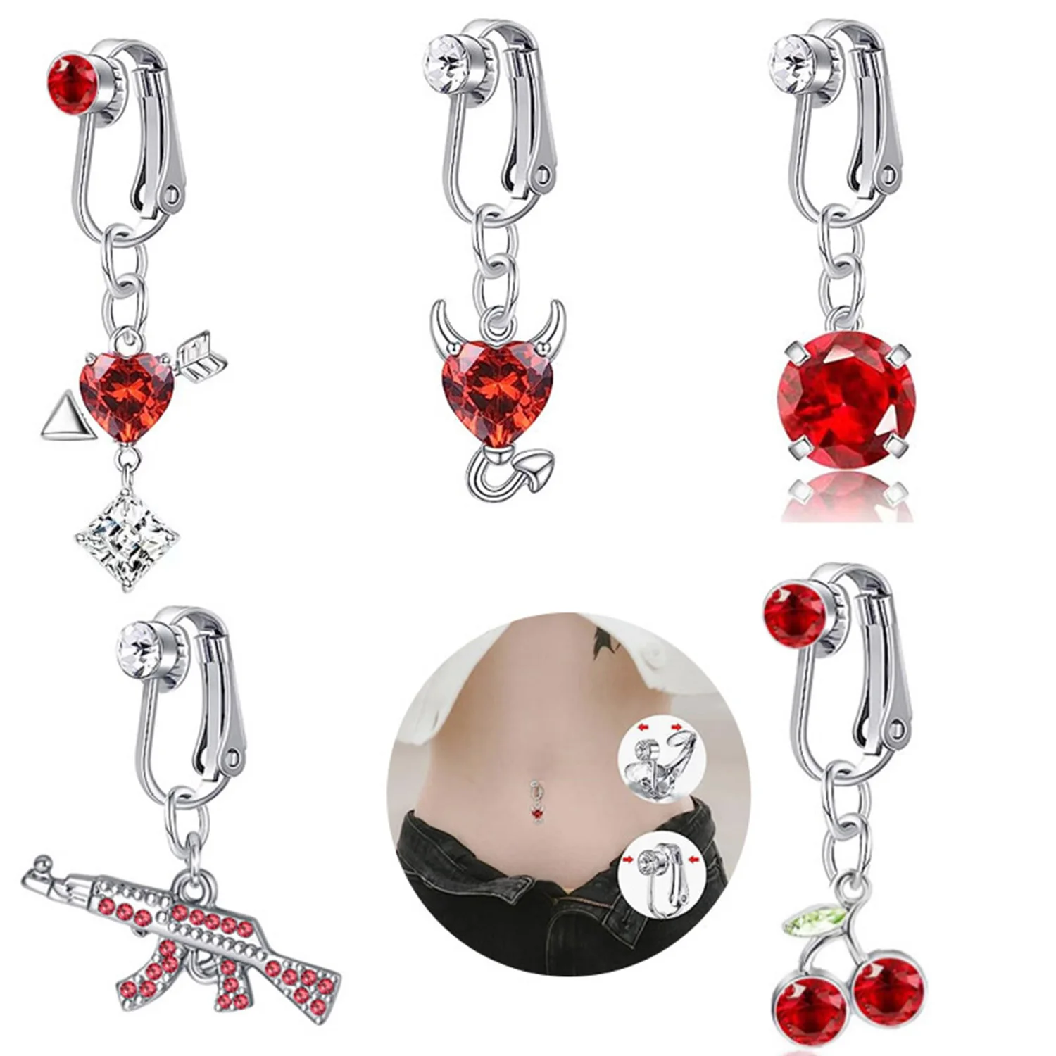 Faux Fake Belly Piercing Zircone Cherry Ciondola Lungo Falso Ombelico Pircing Clip Su Ombelicale Ombelico Cartilagine Orecchino Clip