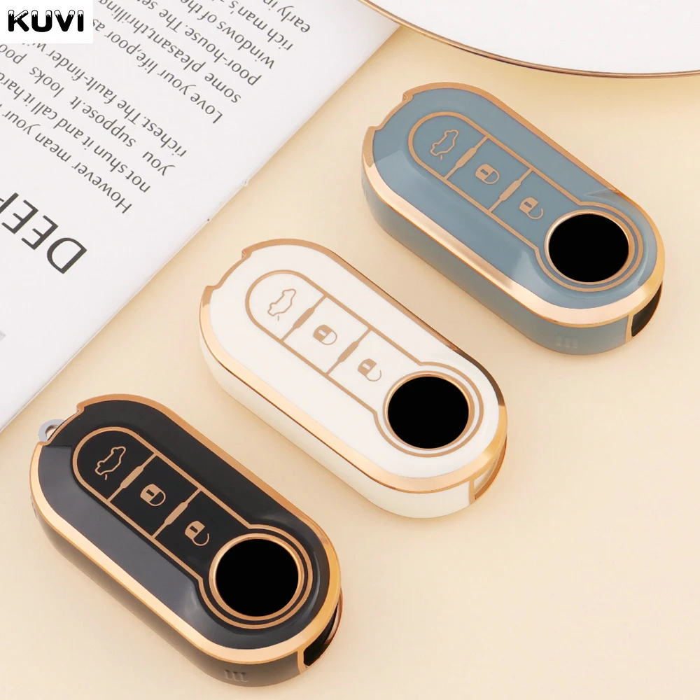Key Case Key Case Cover Car Key Shell 3 Buttons TPU Gold Edge Car Flip Key Case For Fiat Ducato 500 500L Panda Grande Punto Lancia Musa