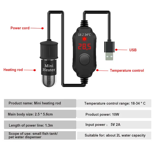 미니 수족관 가열 막대, 어항 히터, 수중 온도 조절기, USB 충전, 온도 조절 가능, 18-34 °C 5