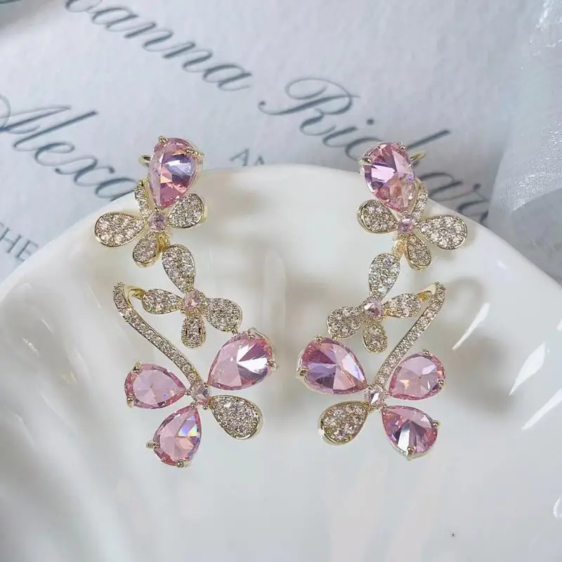 

Fashion Lady's Butterfly Flower Ear Sweep Wrap Cuff Earrings Bridal Jewelry Paved Color Cubic Zirconia Climber CZ Earrings