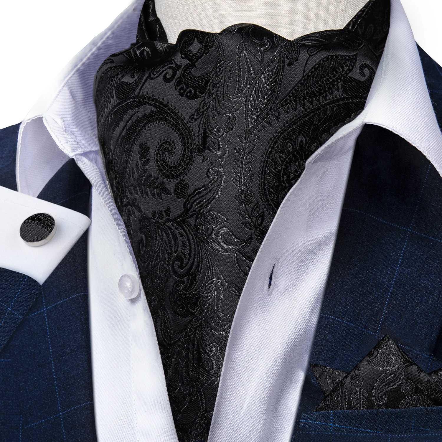 DiBanGu Mne's Black Paisley Ascot mit goldenem Ring, Einstecktuch, Manschettenknöpfe, luxuriöse Hochzeit, Party, einzigartige Krawatte, Corbatas Para Hombr – Detail 5