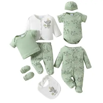 8 pz/set Vestiti Del Bambino Carino Stampato Del Bambino Set di Abbigliamento Per Bambini Neonato Delle Ragazze Dei Ragazzi Pagliaccetto Tuta + Camicette + Cappelli + Guanti Set Per Bambini