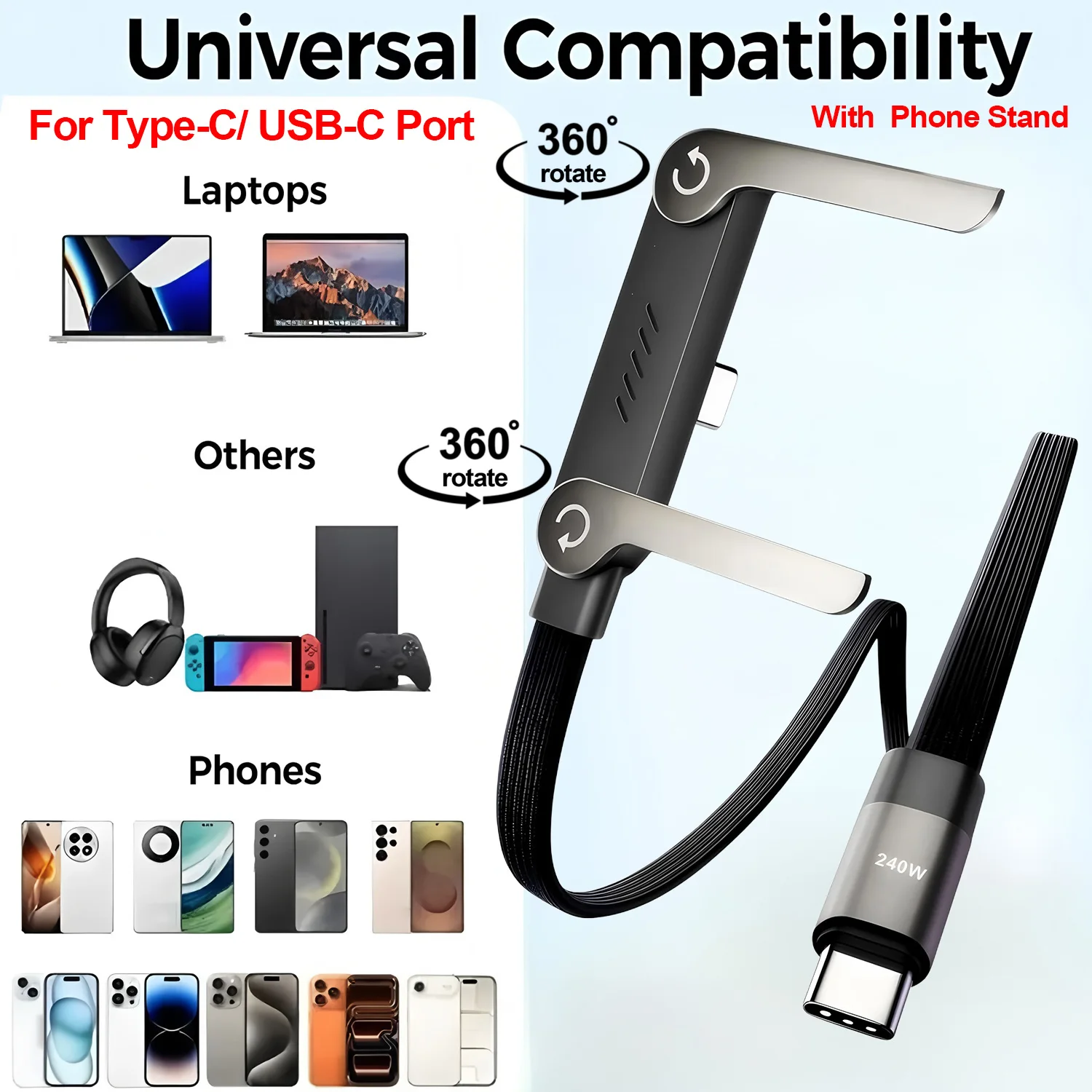 Sideways Phone Charger,Invisible Stand Charging Cable,Built In Phone Stand Charging thumbnail 3