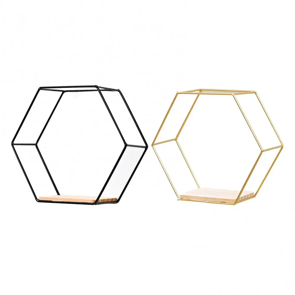 Black/Gold Nordic Style Double Hexagonal Iron Stand Small Pot Wall Holder Wall Shelf Wall Decoration Storage Holder Decror