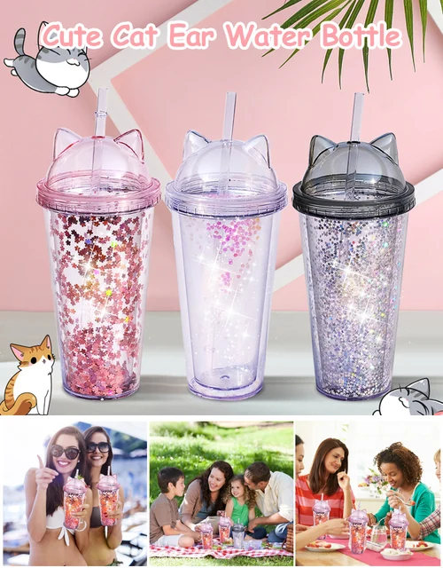 Gobelet en plastique réutilisable avec paille pour fille, tasse à café,  verres à eau en poudre flash, cadeaux de Noël, couvercle HI, 5 pièces -  AliExpress