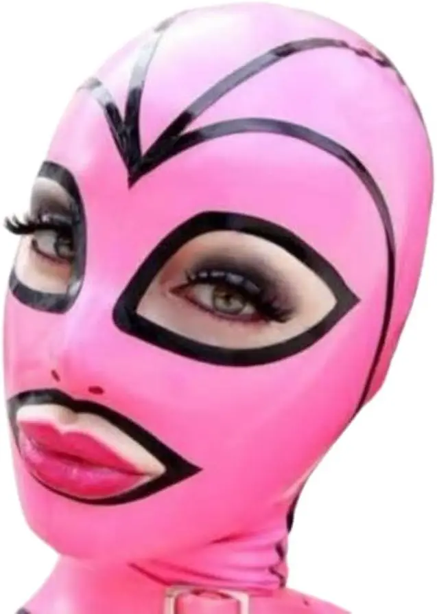 customizedLatex Hood Mask Holiday Rubber Full Face Pink and Black Strips with Ponytail Wig Latex Mask