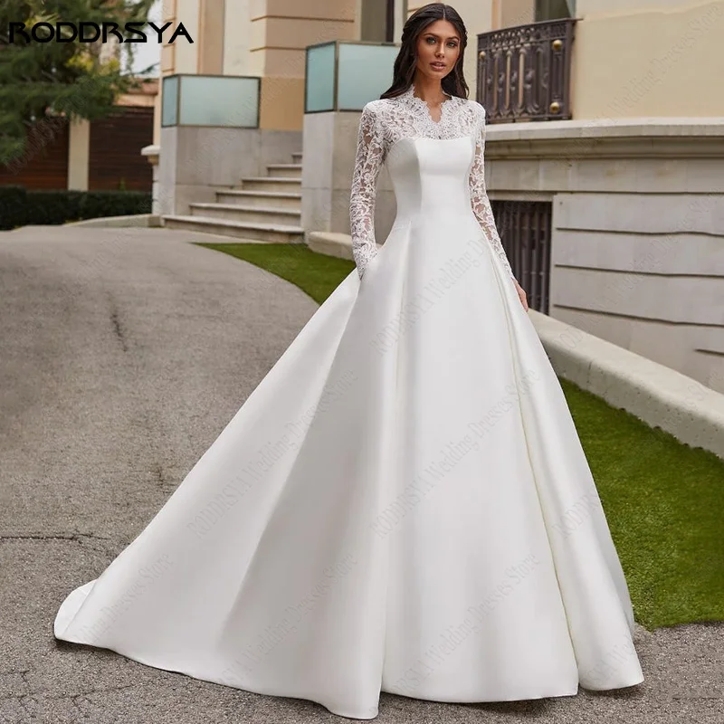 RODDRSYA Satin Lace Ball Gowns For Bridal Appliques Full Sleeves Wedding Dresses Vestidos De Noiva Mariage Princess Custom Made