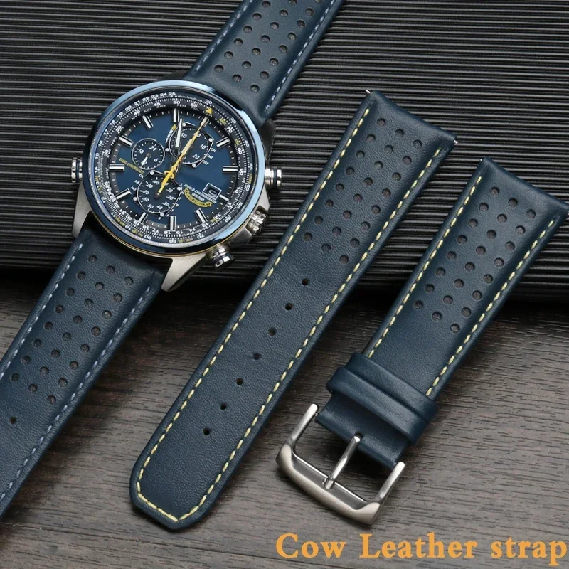 Blue Genuine Leather Watchband Strap with Buckle