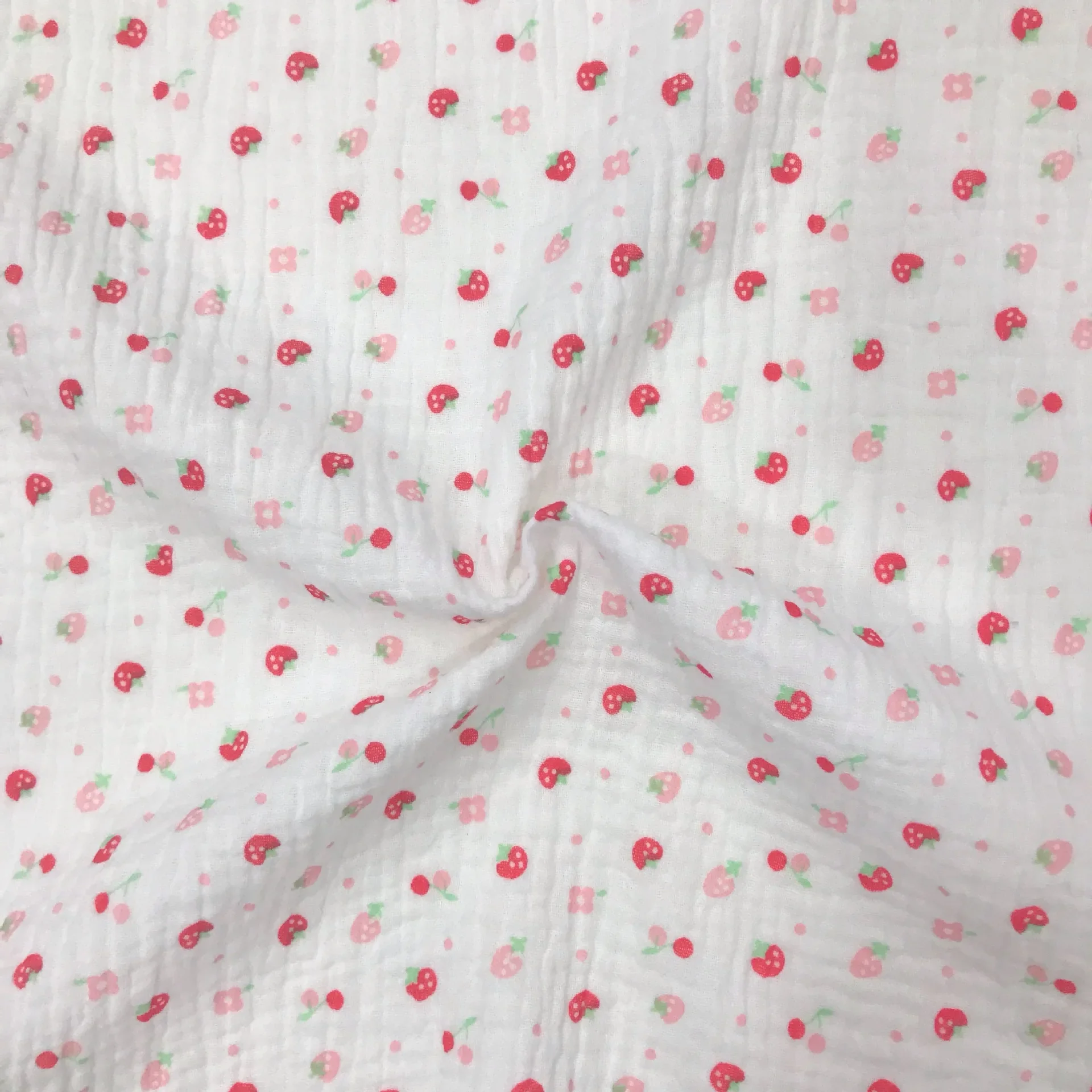New Cartoon Fruit Cherry Pink Print Double Layer Pure Cotton Comfortable Cute Fabric for Women Children's Clothing