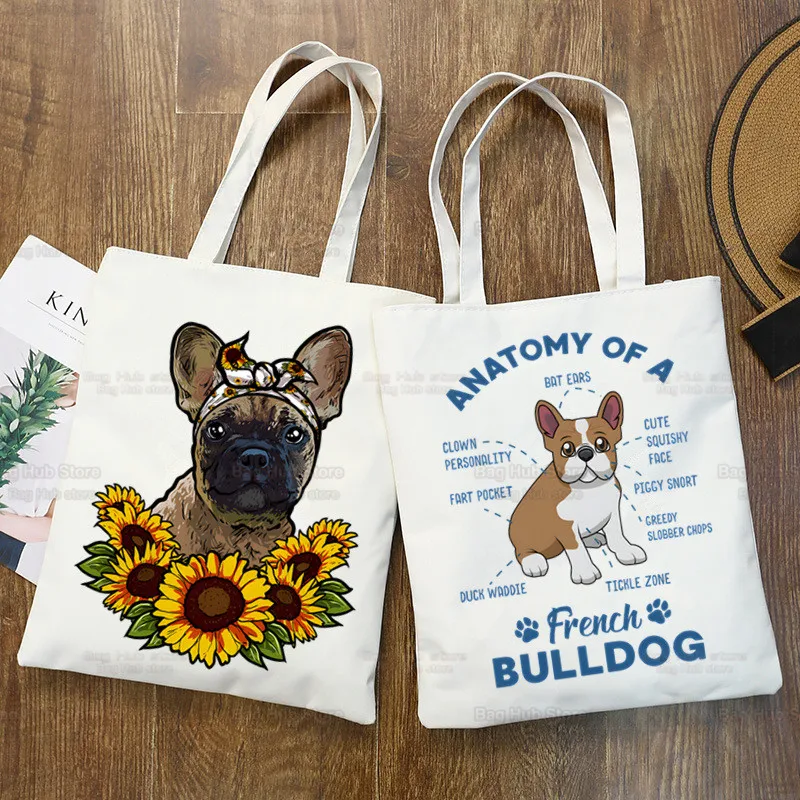 

French Bulldog Canvas Shoulder Tote Bag Women Handbags Eco Reusable Kawaii Dog Lover Graphic Shopping Bag Vintage Ulzzang Bags