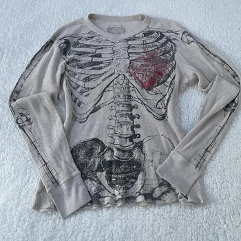 Maemukilabe 00s Retro Y2k Women Tops Harajuku Gothic Skeleton Graphic Printed T shirt Hip Hop Tee Shirt Aesthetic Streetwear 1