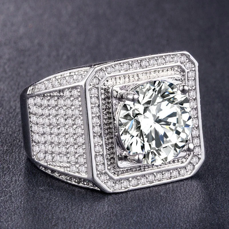 Milangirl Hip Hop Rhinestone Men Bling Square Ring Pave Setting CZ Wedding Engagement Rings