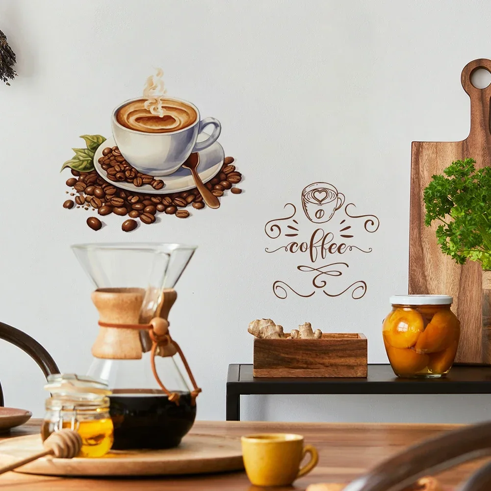 Coffee Cup Wall Stickers Vinyl Self-adhesive Cafe Background Art Decals Pub Decals Kitchen Home Decoration