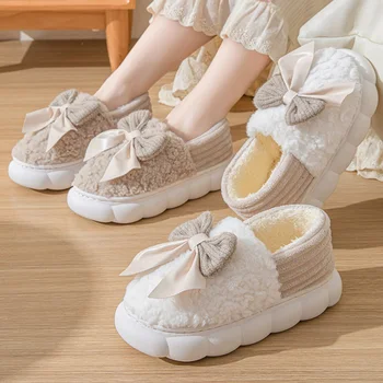 Fur Slippers For Women Winter Bow Furry Fashion Warm Ankles Plush Cozy Slides For Home Indoor Soft Sole Cotton Shoes 1