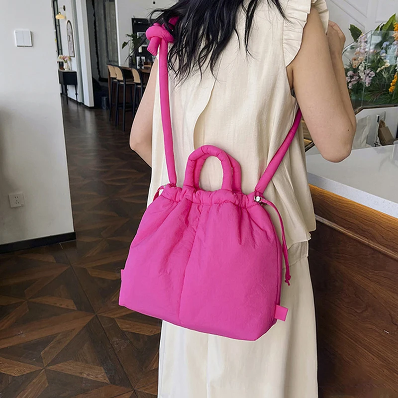 Women Handbags Large Capacity Puffer Tote Bag Nylon Down Cotton Lightweight Dual-use Shoulder Bags Drawstring Bucket Handbag 5