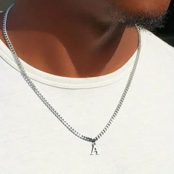 Cuban chain necklaces with initials for man and boy, pendant with AZ 26 alphabet pendant waterproof with 50 cm/19.7 inches stainless steel chain 1
