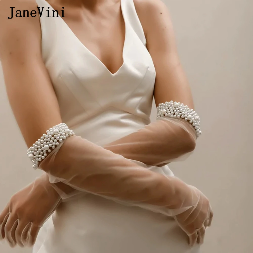 

JaneVini Luxury Ivory Bridal Gloves Pearls Full Finger Tulle Long 55cm Elbow Length Gloves for Women Wedding Party Accessories