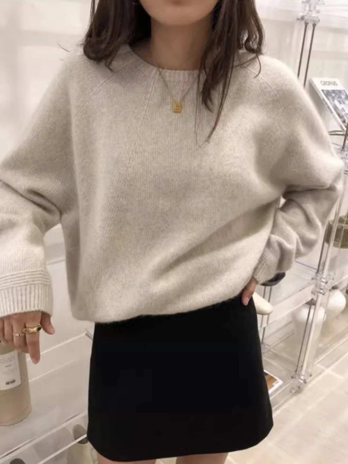 Chic Early Autumn Knitted Top Women's Loose Lazy Sle Long Sve round Ne Overalls Warm Thermal Fce Blend Commute Sle